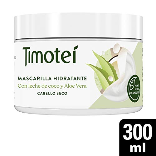 Timotei mascarilla hidratante para cabello seco con leche de coco y aloe vera; con desenredantes de origen vegetal, 98% ingredientes de origen natural y sin siliconas, 300ml