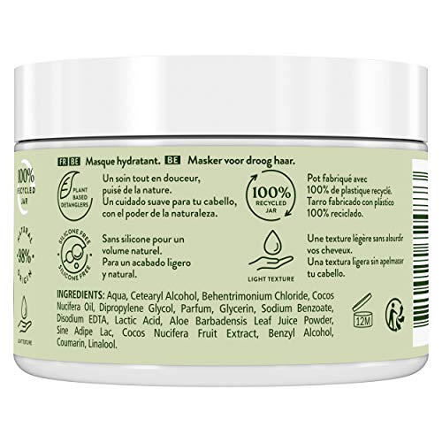 Timotei mascarilla hidratante para cabello seco con leche de coco y aloe vera; con desenredantes de origen vegetal, 98% ingredientes de origen natural y sin siliconas, 300ml