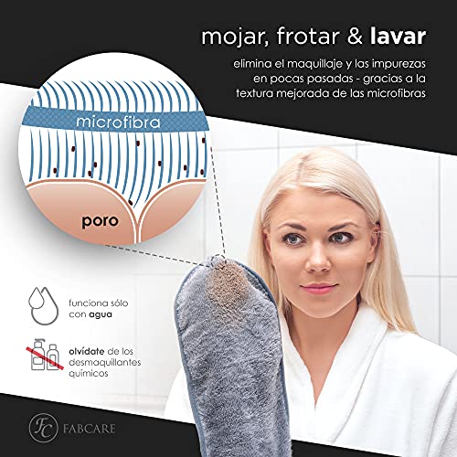 Toallas desmaquillantes de microfibra de FABCARE (8 peizas) - PROBADO DERMATOLÓGICAMENTE - Lavable hasta 95°C - Guante desmaquillante integrado - Toallas de microfibra de limpieza para la cara