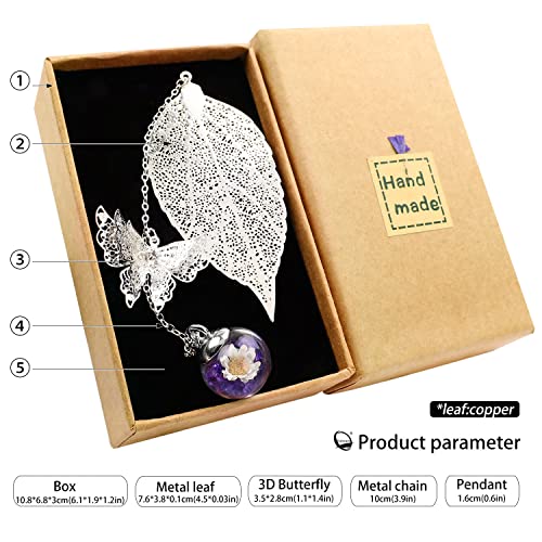 Toirxarn hermoso Marcapáginas de hojas de plumas de metal con mariposa 3D y cuentas de vidrio colgante de flor seca eterna. Regalo ideal para lectores, mujeres y niños.