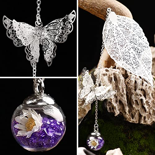 Toirxarn hermoso Marcapáginas de hojas de plumas de metal con mariposa 3D y cuentas de vidrio colgante de flor seca eterna. Regalo ideal para lectores, mujeres y niños.