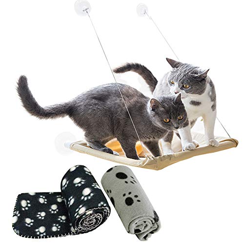 Tomkity Hamaca para Ventana de Gato + 2pz Manta Gato(Negro y Gris) Cómoda Cama Perca Mascota Soporte 15kg con Ventosas