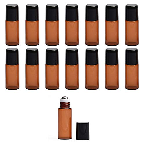 TOMYEER Botellas enrollables de cristal ámbar de 5 ml con bolas de acero inoxidable y tapa, paquete de 15