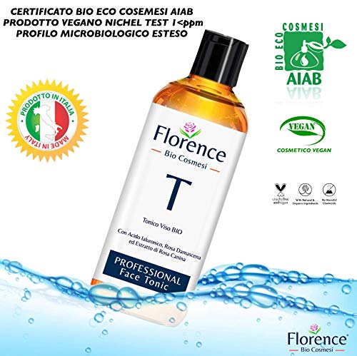 Tónico facial BIO Florence con ácido hialurónico con propiedades calmantes, hidratantes y revitalizantes. Con Agua de Rosa Damasco Orgánica - para Cara, Cuello- 250 ML