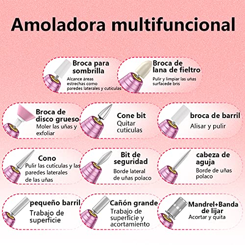 Torno para Uñas, Kit Para Uñas de Profesional USB Lima Electrica Uñas con Set de 11 Piezas de Brocas para Uñas de, Manicura y Pedicura Salón de Belleza en Casa (Rosa)