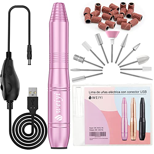 Torno para Uñas, Kit Para Uñas de Profesional USB Lima Electrica Uñas con Set de 11 Piezas de Brocas para Uñas de, Manicura y Pedicura Salón de Belleza en Casa (Rosa)