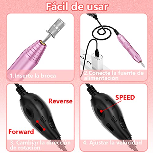 Torno para Uñas, Kit Para Uñas de Profesional USB Lima Electrica Uñas con Set de 11 Piezas de Brocas para Uñas de, Manicura y Pedicura Salón de Belleza en Casa (Rosa)