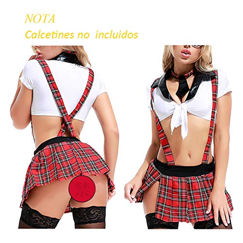 Trajes Colegiala de Cosplay, Sexy y Bonito Disfraz de Escuela Lencería Interior Atractivo Uniforme de Estudiante Juego de Roles Secreta Lencería Parejas con Mini Falda para Mujeres (Rojo-3 Piezas)