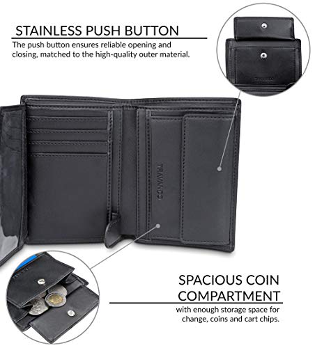 TRAVANDO Cartera Hombre „Dublin“ con Bloqueador RFID, Billetera Negra, Tarjetero, Monedero Varón, Portamonedas, Regalo, Wallet, Vertical, Bolsillo Monedas Botón a presión Tarjetera, Ranuras (Negro)