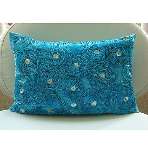 Turquesa Cubierta De La Almohadilla Lumbar, Cinta De Opciones De Aqua Rose Flores 30x35 cm Sedala Seda Cubierta De La Almohadilla Lumbar, Moderno Cubierta De La Almohadilla Lumbar -Aquamarine Roses