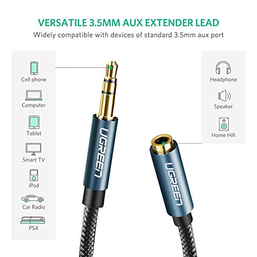 UGREEN Alargador para Auriculares, Cable de Audio Jack 3,5mm Macho a Hembra Nylon Trenzado, Cable de Extensión para Auriculares, Altavoces, Audio de Coche, Reproductor de MP3, Moviles, Tablet, 5Metros