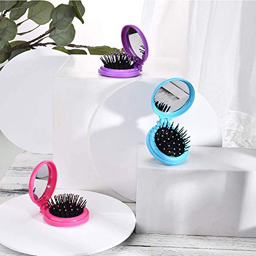 Ulife Mall 6 Piezas Cepillos de Pelo de Viaje Redonda con Espejo de Maquillaje, Cepillo de Pelo de Bolsillo Plegable Peine de Masaje Compacto Cepillo Desenredante para Niñas Regalo de cumpleaños Niños