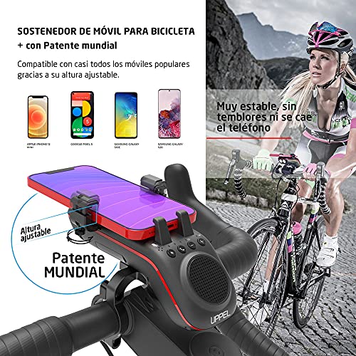 UPPEL Altavoz Bluetooth Bicicleta Multifunción 10 en 1 - Soporte Movil Bicicleta – Luz LED – Cargador Portátil – Timbre – Micrófono – Modos TF/SD/AUX – para Bicis de Carretera y Montaña