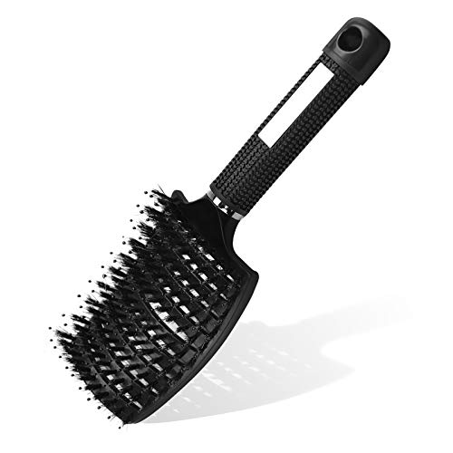 URAQT Cepillo de Pelo, Cepillo para el Pelo con Cerdas de Jabalí Naturales, Peine de Pelo Masaje Curvo y Ventilado, para Secado Más Rápido, Reducir el Encrespamiento y la Rotura (Negro)