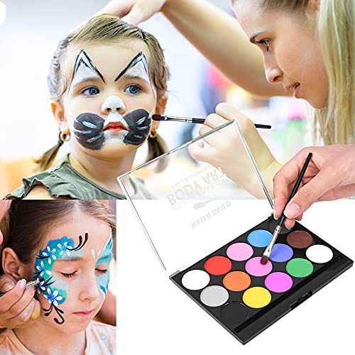 URAQT Pintura Corporal y Facial, 15 Colores Seguridad No Tóxica Pintura Facial, Kit de Pintura Facial con 32 Plantillas 2 Pinceles, Pintura de Cara para Niños Halloween Fiestas Cosplay Semana Santa