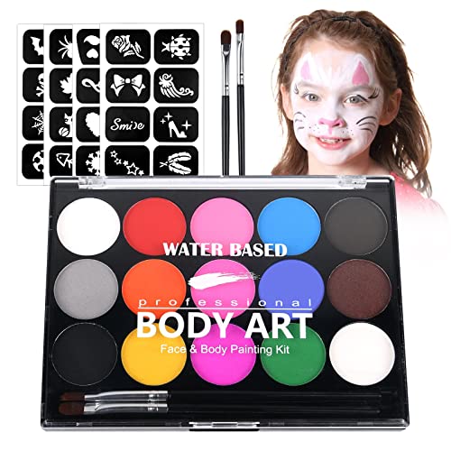 URAQT Pintura Corporal y Facial, 15 Colores Seguridad No Tóxica Pintura Facial, Kit de Pintura Facial con 32 Plantillas 2 Pinceles, Pintura de Cara para Niños Halloween Fiestas Cosplay Semana Santa