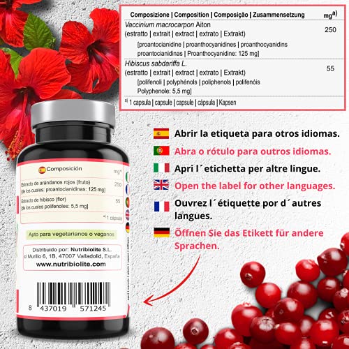 Uritractin – Extractos de Arándano rojo americano 12500 mg (con 125 mg de PACs) + Flor de hibisco 825 mg (con 5,5 mg de polifenoles) por cápsula. Suministro para 4 Meses. 120 cápsulas. Vegano. No OGM