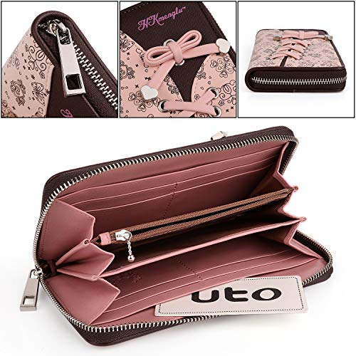 UTO Cartera RFID de Mujer Monedero Largo de Cremallera Moda Diseño Lazo Patrón Lindo Plegable con Bolsillo para Monedas Rosa