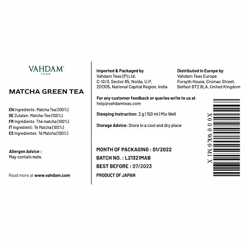 VAHDAM, polvo de té verde Matcha (50 g, 25 tazas), polvo de Matcha japonés puro y sin mezclar 100% certificado | 137x Anti-OXIDANTES | Aumenta la energía, el enfoque y el metabolismo.