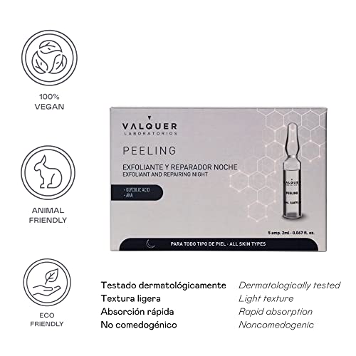 Valquer Laboratorios Ampollas Faciales Peeling. Serum Facial. Exfoliante Y Reparador De Noche. Todo Tipo De Pieles. Con Ácido Glicólico Y Aha. Exfoliante Facial - 5 Uds X 2 Ml, color Único, 2 ml