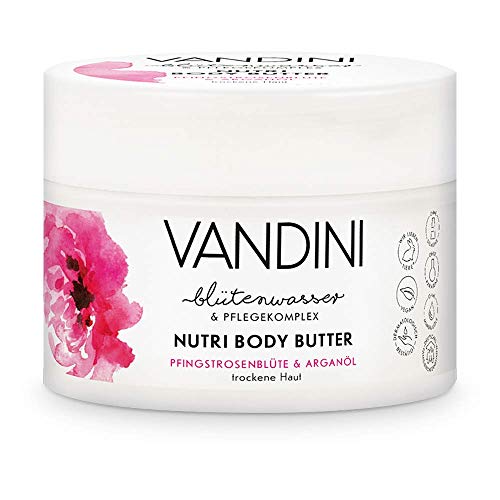 VANDINI Nutri crema corporal nutritiva con flor de peonía y aceite de argán - crema facial y del cuerpo para pieles secas - sin siliconas, parabenos - 1x 200 ml