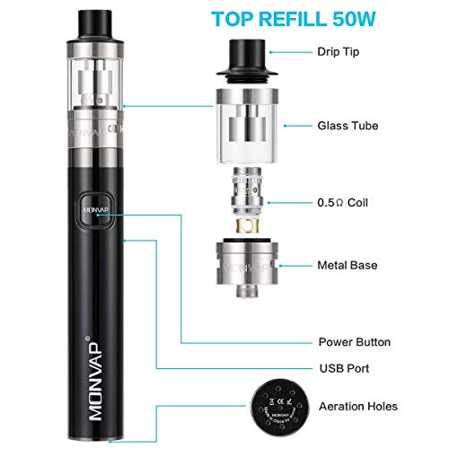 Vaper Cigarros Electronicos 50W, MONVAP M50 Vapeador Kit Completo y Liquido, Top Refill Vaporizador 0,5ohm 2ml, 1500mah Battería Recargable Cigarro Electronico, E Cigarette Sin Nicotina 0,0mg