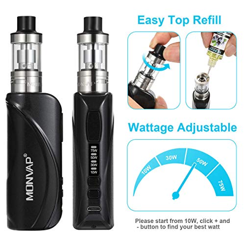 Vaper Cigarros Electronicos 75W, MONVAP M75 y 5x10 E Liquido, 2600mah Built-in Vape Mod Box Kit, Top Refill Atomizador 0.3ohm 2ml ECig, E Cigarette Starter Set Sin Nicotina 0.0mg