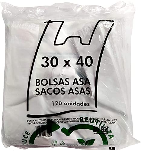 Various Bolsas de Plástico Tipo Camiseta Resistentes, Reutilizables y Recicladas Tamaño 70% Recicladas Cumple Normativa Aptas Uso Alimentario