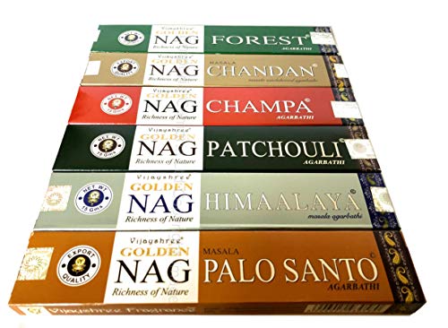 Varitas de incienso Golden Nag Champa de Emporia Boxes-Finest, nag champa, palo santo, sándalo, pachuli, Himalaya, bosque, mezcla A, 6 unidades