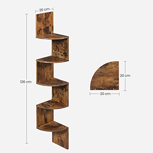 VASAGLE Estantería para Esquina de 5 Niveles, Estantería Esquinera, Estante de Exhibición de Madera, Ideal para Cocina, Dormitorio, Sala de Estar, Estudio, Marrón Rústico LBC20BX