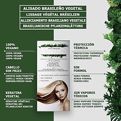 VegLiss Alisado Vegetal de Queratina, Kit Alisado Brasileño Vegano En Casa Sin Formol Sin Sulfatos No Testado en Animales, Tratamiento Capilar Hidratante, Repara y Reduce el Frizz Hasta 12 Semanas