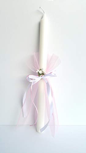 Vela bautizo niña de cera blanca, vela primera comunión,decorada con tul color rosa,lazos y flores .medida altura 35 cm