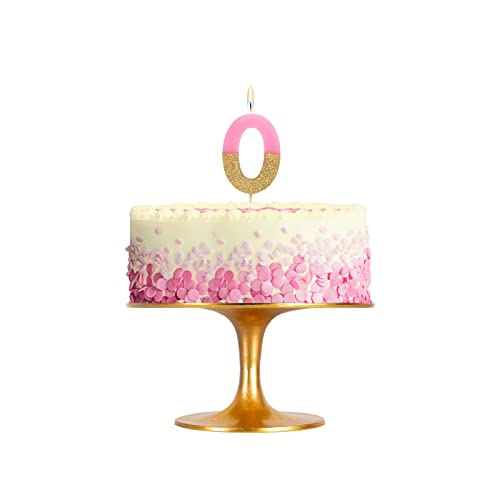 Velas de cumpleaños con números 0 1 2 3 4 5 6 7 8 9 de color rosa y glitter oro. Niña (Número 0)