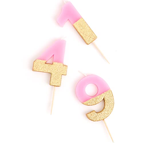 Velas de cumpleaños con números 0 1 2 3 4 5 6 7 8 9 de color rosa y glitter oro. Niña (Número 0)