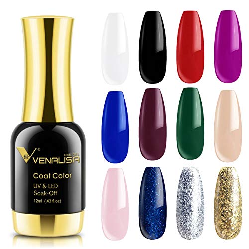 VENALISA Gel Nail Polish, 12ml Gold Glitter Color Soak Off UV LED Nail Gel Polish Nail Art Starter Manicure Salon DIY at Home, 0.43 OZ