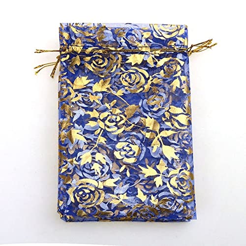 Venta al por mayor 50pc / lot 9X12cm Bolsas de Navidad de color rosa dorado Bolsas de empaquetado de regalo de gasa de organza dibujables para bodas Bolsas baratas Bolsas-Azul, 13x18CM