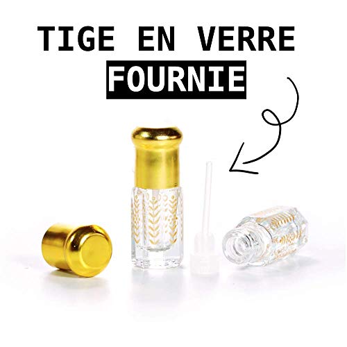 Venta al por mayor de 30 frascos de cristal vacías para rellenar Musc Tahara Perfume • Varilla de vidrio incluida • Formato 3 ml • Tapón de color dorado • Diseño espiga