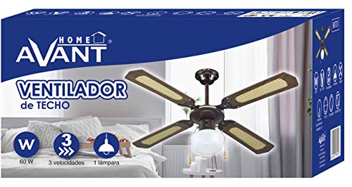 Ventilador de techo | Avant| Ventilador de techo con luz| 3 Velocidades| Medida 107Cm | Ventilador de techo Incluye 5 Aspas de fibra+3 Lámpara+2 cadenas para control de velocidad y luz|Potencia 60W.