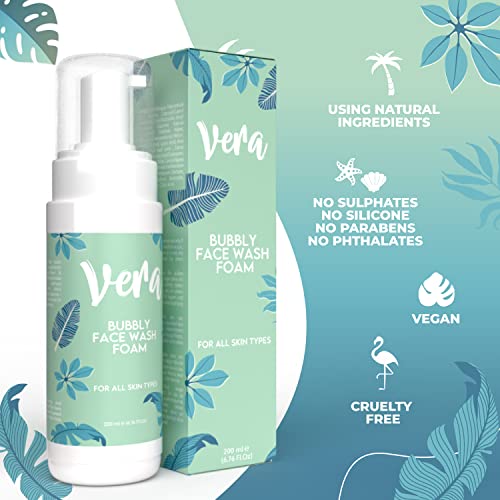 VERA Espuma Limpiadora Facial con Aloe Vera - Gel Limpiador Facial Piel Grasa y Seca - Espuma Desmaquillante Facial Piel Sensible - Gel Limpiador Facial Piel Mixta, Limpieza Profunda de Poros, 200ml