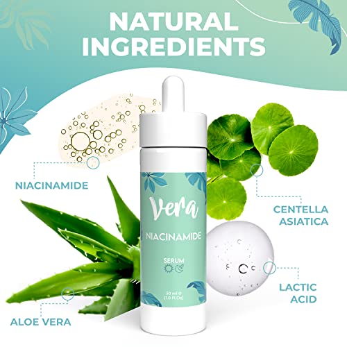 Vera Serum Niacinamida con Acido Lactico - Serum Piel Grasa y Mixta para Reducir Poros Abiertos Cara - Niacinamida Serum Acne, Controla Producción de Sebo - Niacinamide Serum Iluminador Facial, 30ml