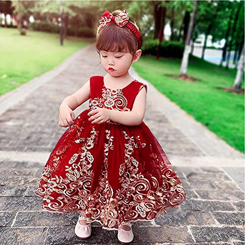 Vestido de encaje para bebés y niñas, primer bautizo, elegante, bordado, boda, fiesta, flor, dama de honor, vestidos, Vino1, 100 cm