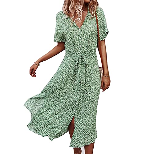 Vestido De Manga Corta Anudado con BotóN De Solapa Floral con Estampado Floral De Moda para Mujer