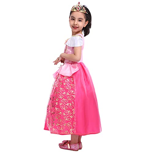 Vestido de princesa aurora bella durmiente para niñas con tiara, disfraz de princesa rosa 3-4 años