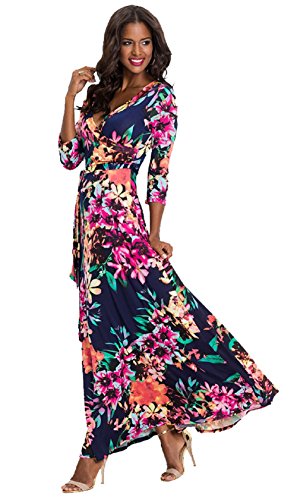 Vestidos Estampados Flores Mujer de Verano Cuello en V Manga 3/4 Cintura Alta con Cinturón Vintage Bohemio Hippie Chic Caftan Tunica Falda Wrap Vestido Imperio Largo para Playa Noche Ceremonia Fiesta