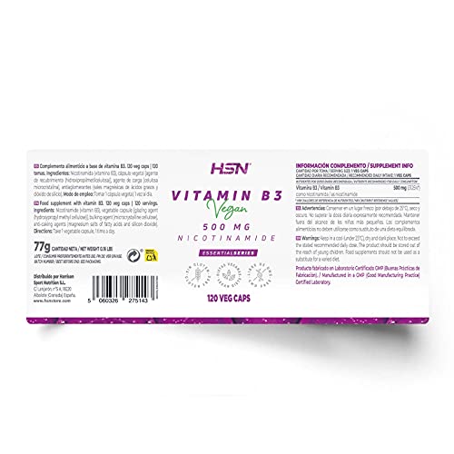 Vitamina B3 de HSN | 500 mg | Suministro 4 Meses | Fórmula de liberación inmediata de Nicotinamida | No produce Flush | No-GMO, Vegano, Sin Gluten, Sin Lactosa | 120 Cápsulas Vegetales