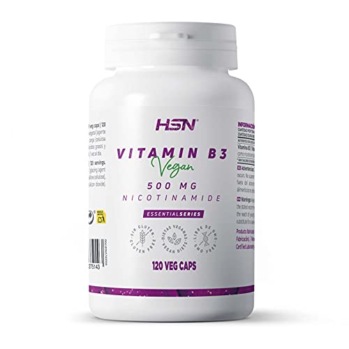 Vitamina B3 de HSN | 500 mg | Suministro 4 Meses | Fórmula de liberación inmediata de Nicotinamida | No produce Flush | No-GMO, Vegano, Sin Gluten, Sin Lactosa | 120 Cápsulas Vegetales