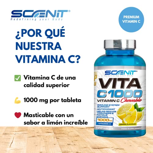 Vitamina C | 1000 mg | 120 tabletas masticables con sabor a limón de Vitamina C Pura | Ayuda a disminuir el cansancio y la fatiga | Antioxidantes para el cansancio, la fatiga y el sistema inmune