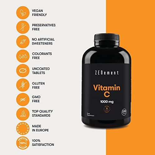 Vitamina C 1000 mg, 270 Comprimidos | Antioxidante, y contra la fatiga | Vegano, sin aditivos, sin gluten, No-GMO, GMP | de Zenement