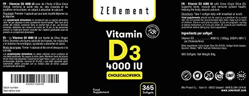 Vitamina D3 4000 UI (Colecalciferol) | 365 Perlas, 1 Año de suministro | Huesos, Músculos, Sistema Inmunológico | con Aceite de Oliva Virgen Extra | No-GMO, sin Soja | de Zenement