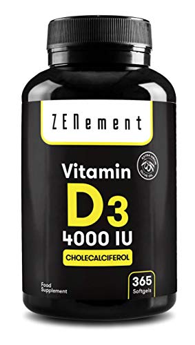 Vitamina D3 4000 UI (Colecalciferol) | 365 Perlas, 1 Año de suministro | Huesos, Músculos, Sistema Inmunológico | con Aceite de Oliva Virgen Extra | No-GMO, sin Soja | de Zenement